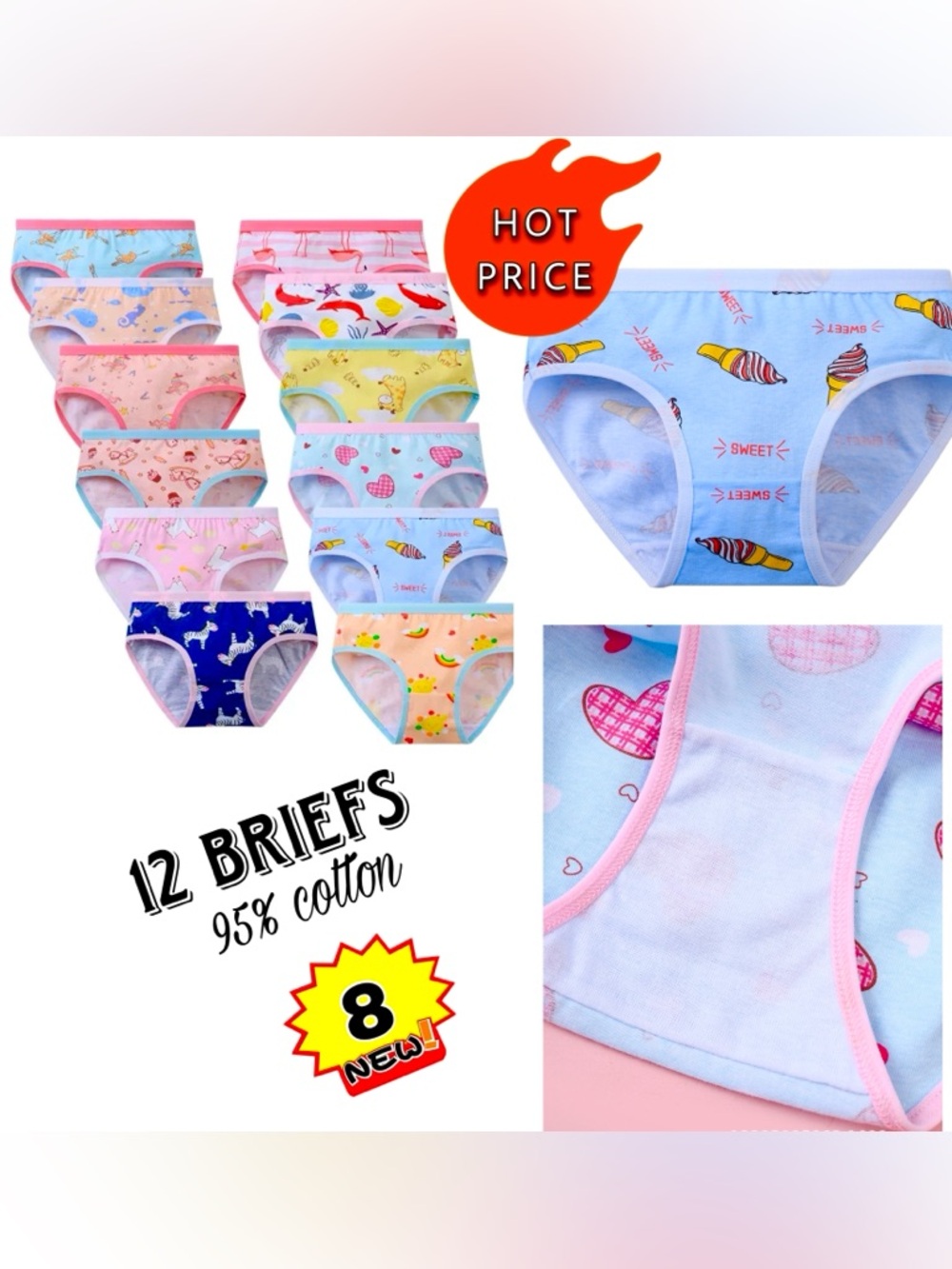 Girls' Assorted Pattern Cotton Briefs - Pink Flamingo & Multi 12 pieces sz 7-8 Y
